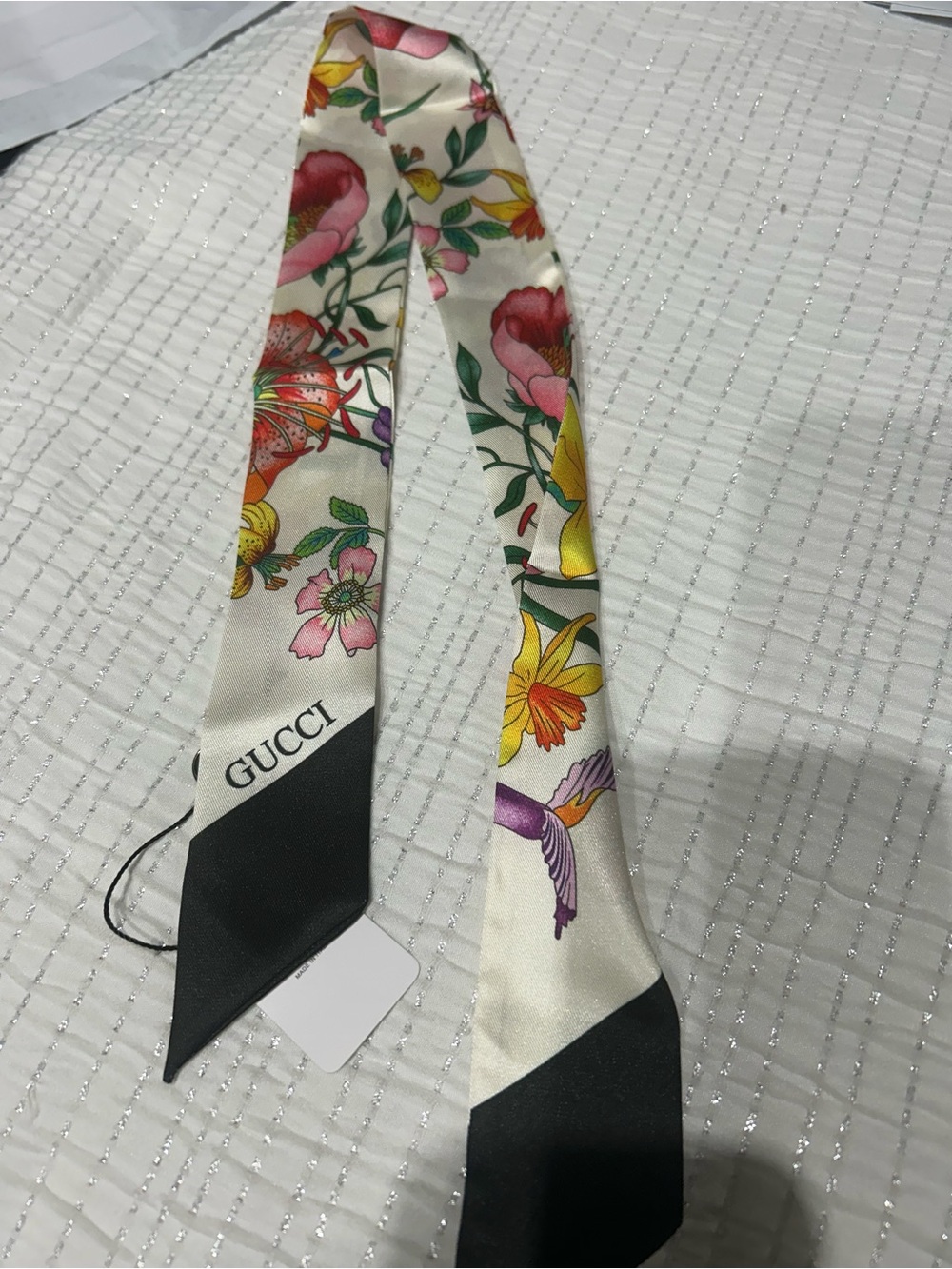 Gucci Floral Silk Hair Twilly in Ivory, Black, Pink, Yellow, Green